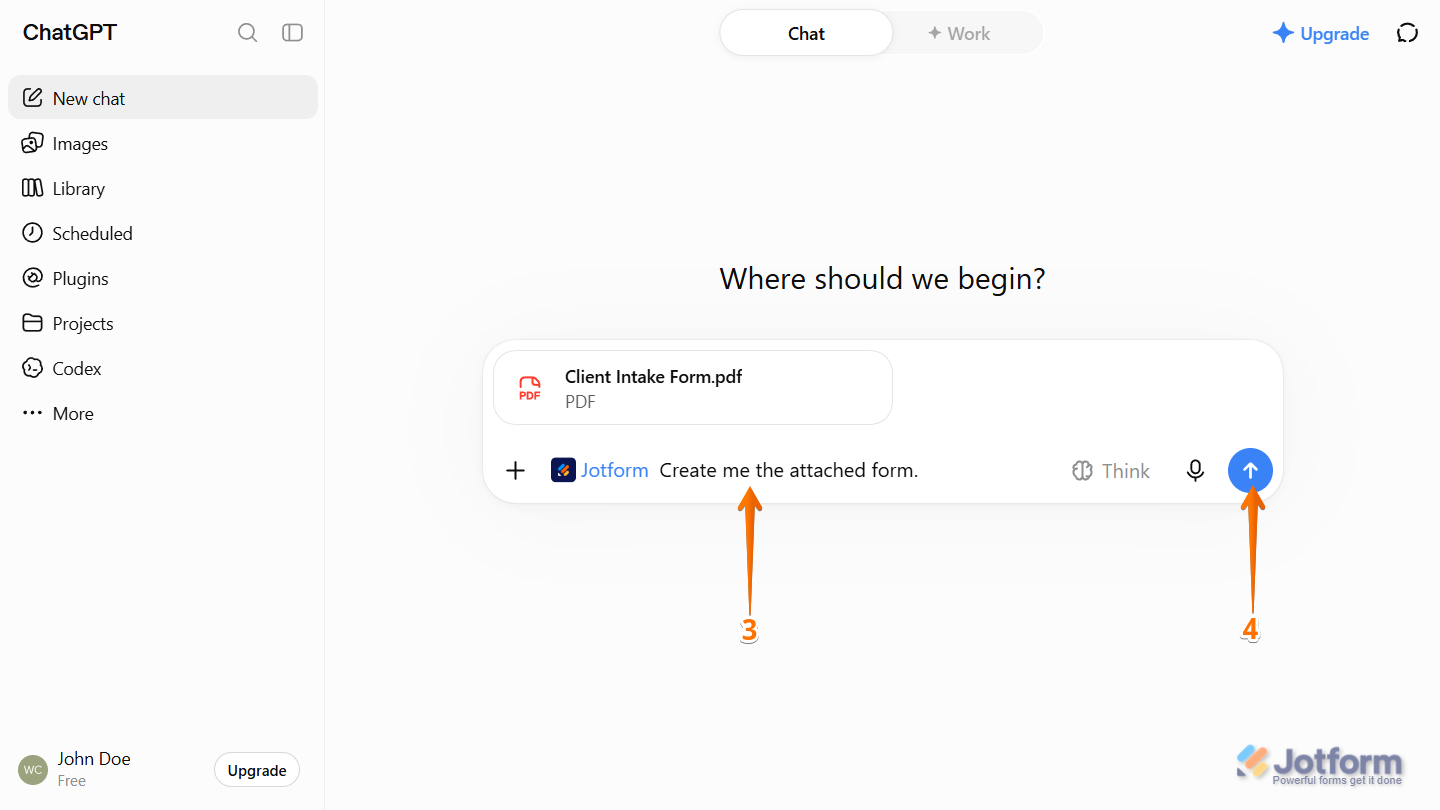Prompt for Jotform to create a new form and send prompt icon