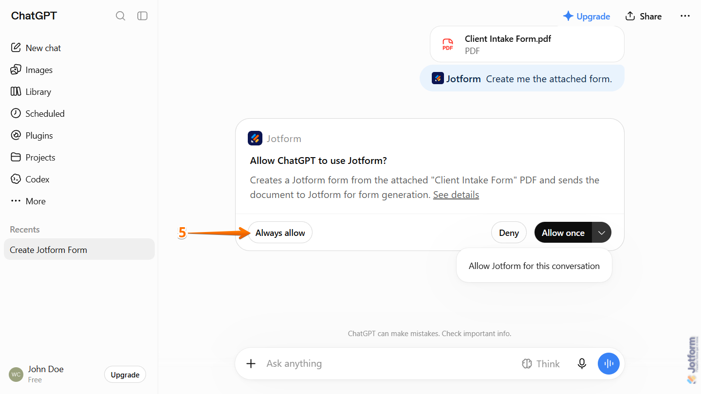 Always Allow permission to allow ChatGPT to use Jotform