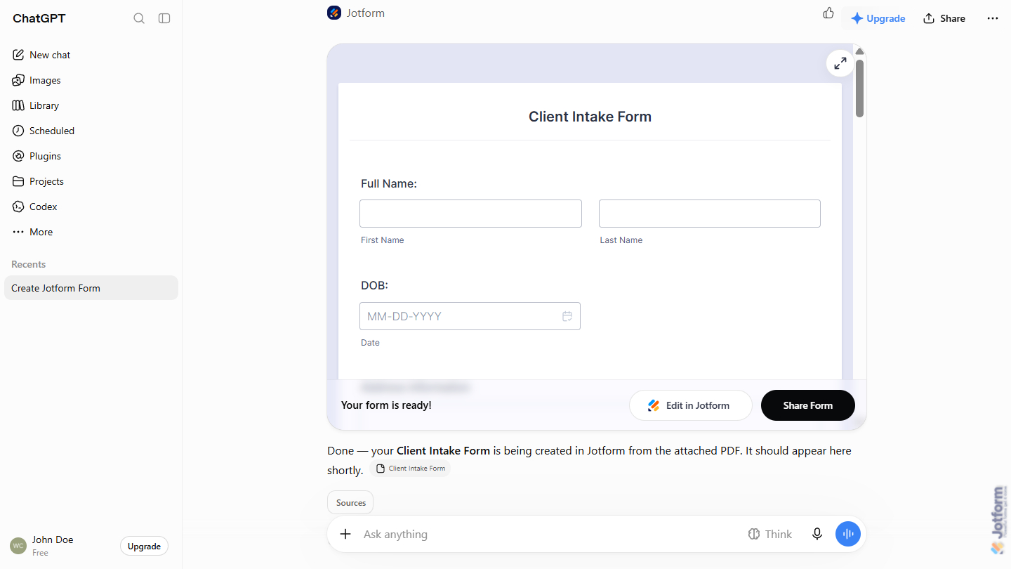 Newly created form based on the attached PDF file in Jotform for ChatGPT