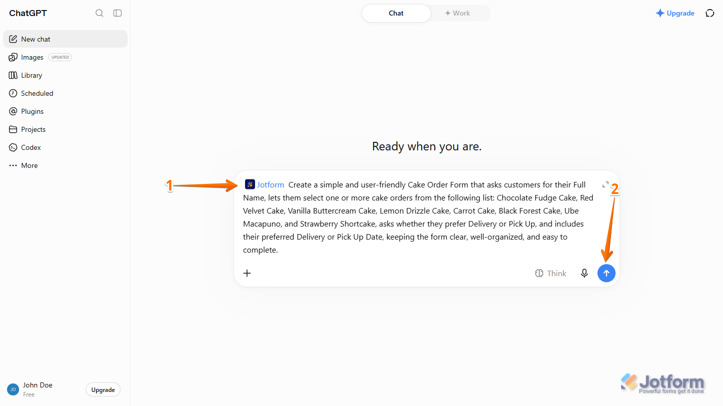 Create Form prompt for Jotform App in the ChatGPT prompt box