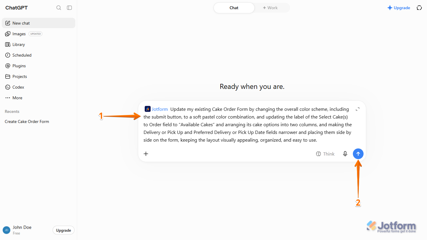 Customize Form prompt for Jotform App in the ChatGPT prompt box