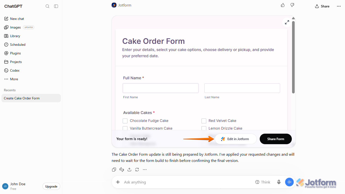 Edit Form button in the confirmation message for Jotform App in the ChatGPT chat