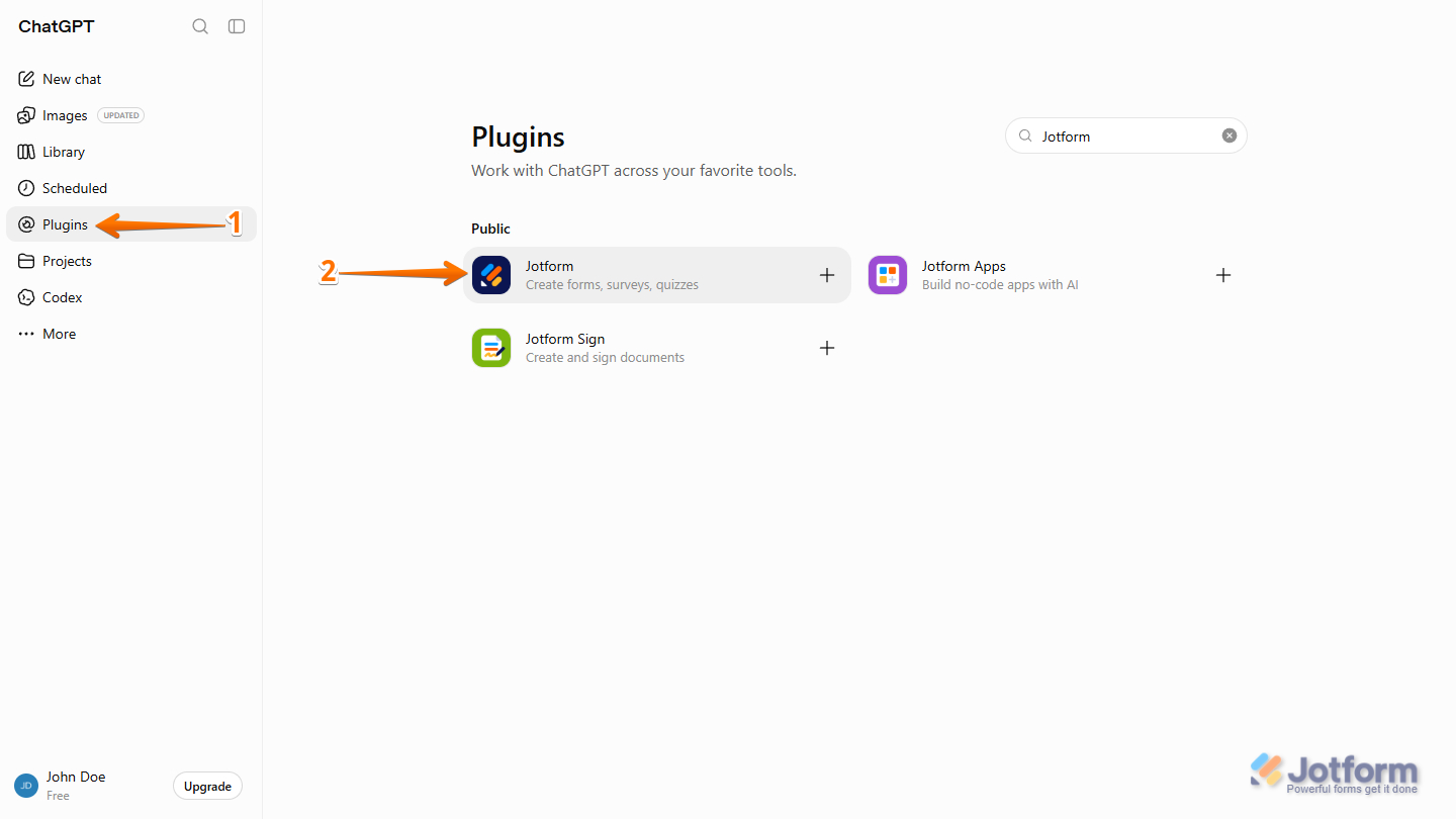 Jotform App in the Apps section in ChatGPT