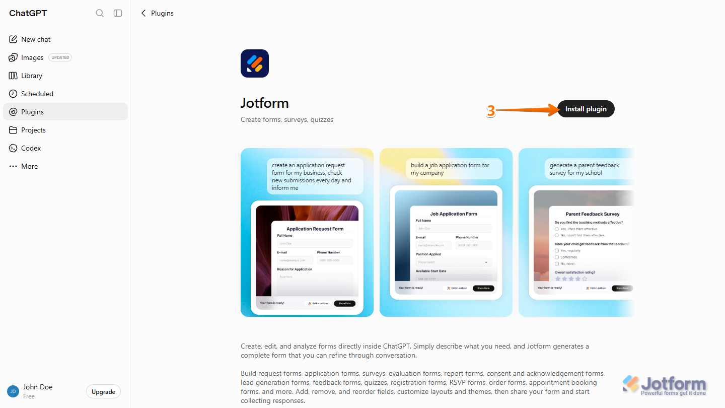 Connect button in the Jotform App in the Apps section in ChatGPT