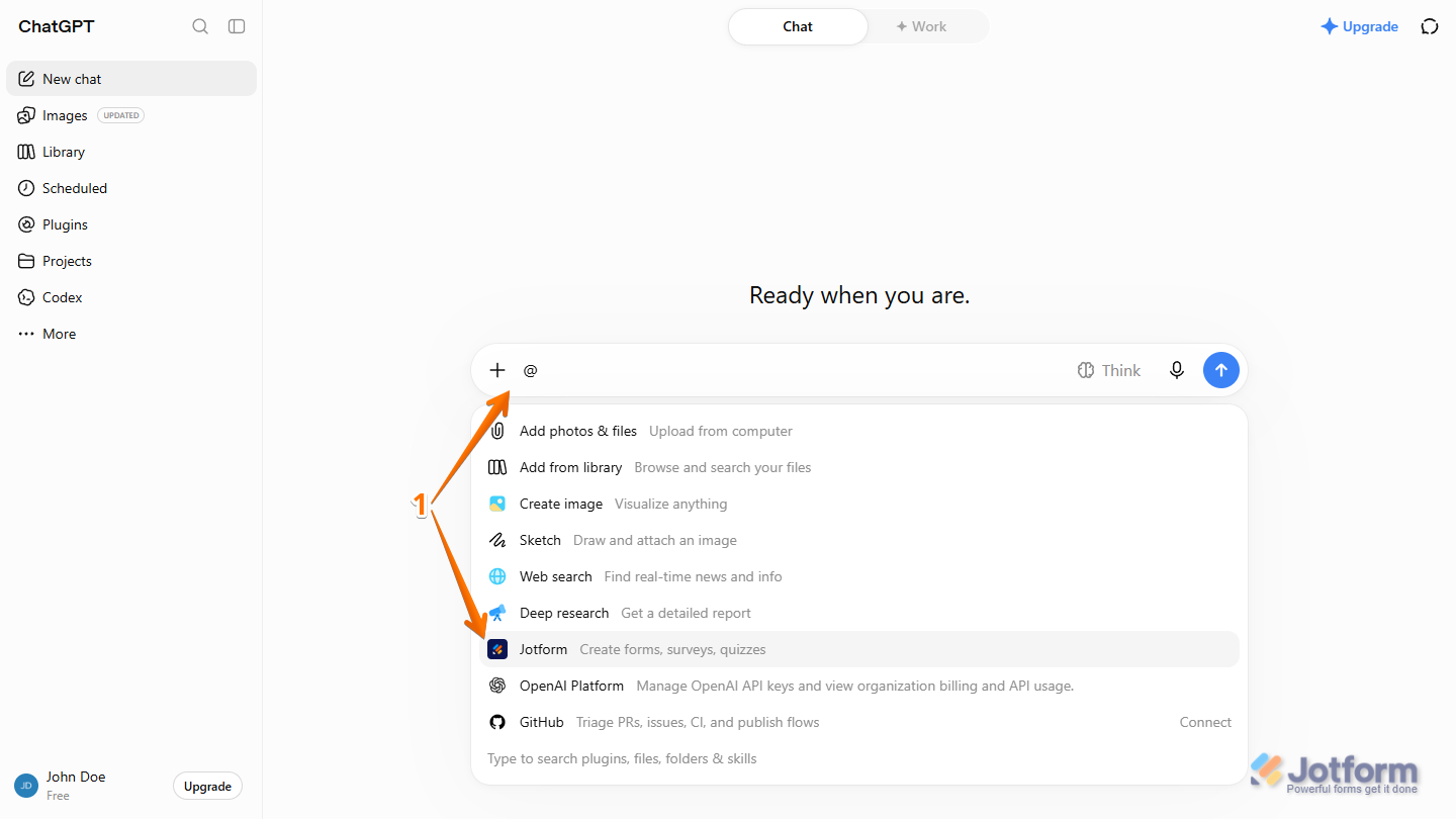 Jotform Plugin option in the Apps menu of the ChatGPT prompt box