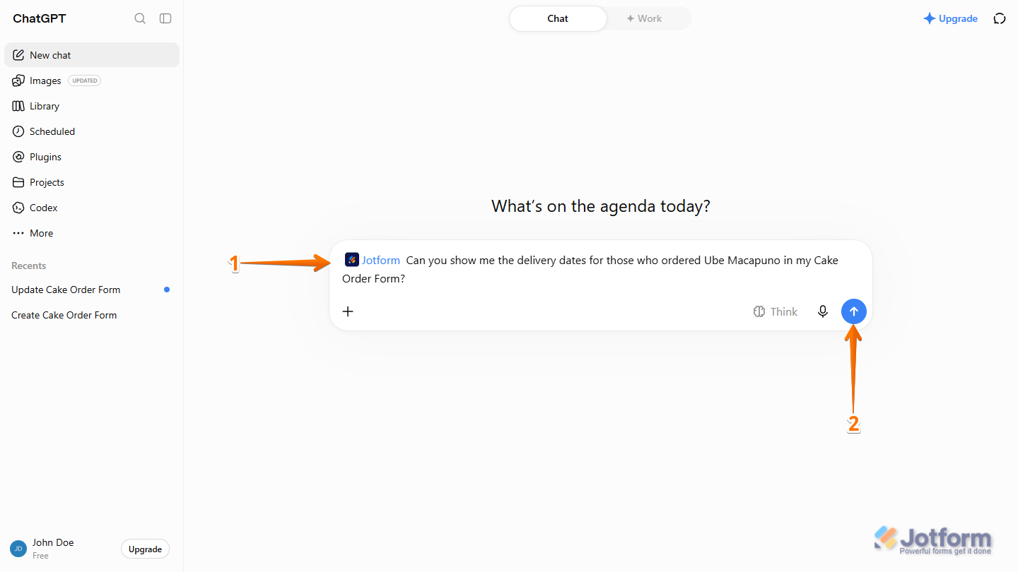 View submissions prompt for Jotform App in the ChatGPT prompt box