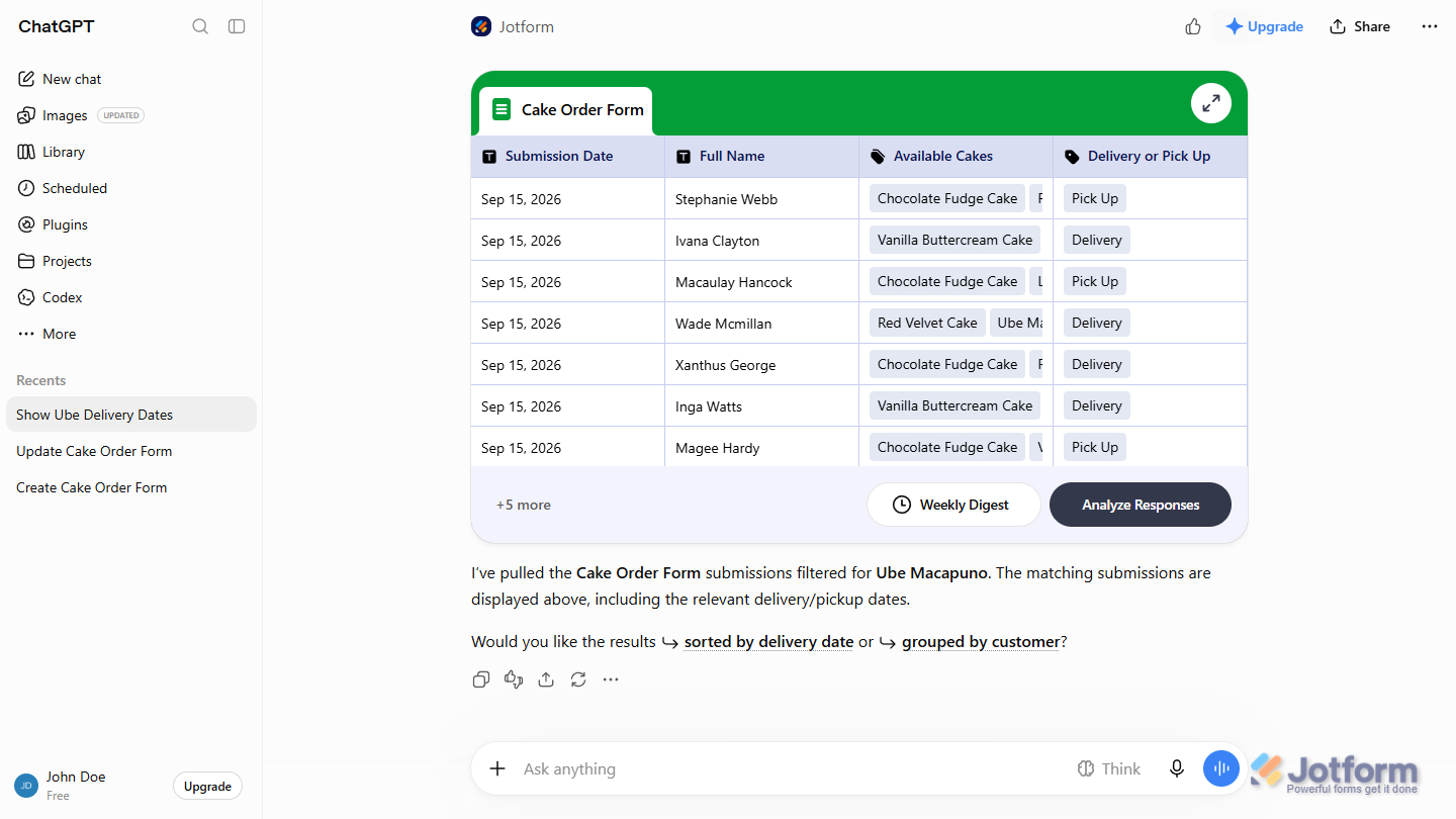 Filtered submissions in the Jotform Tables preview in the ChatGPT chat