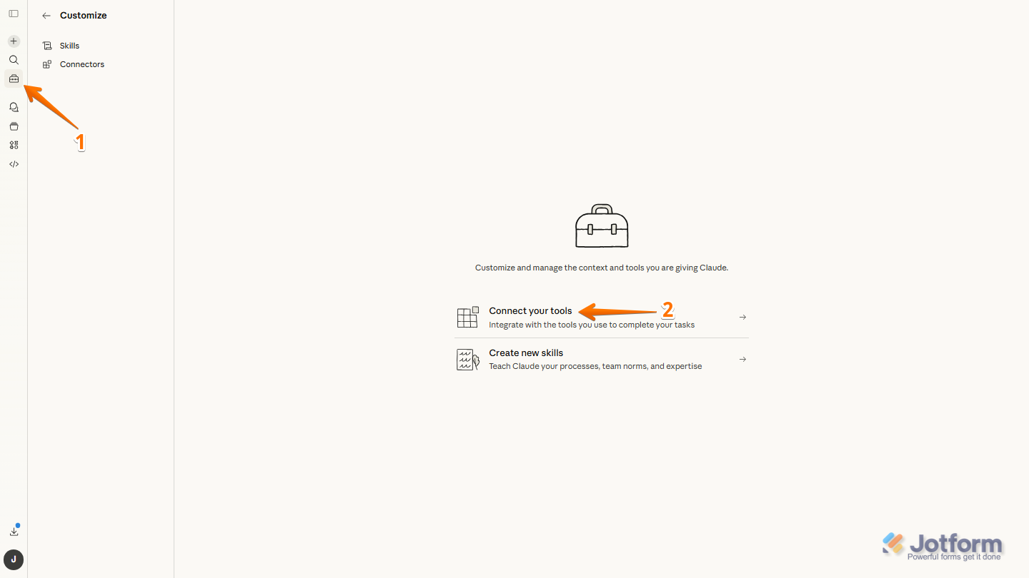 Claude interface left sidebar showing Customize icon and Connect Your Tools option