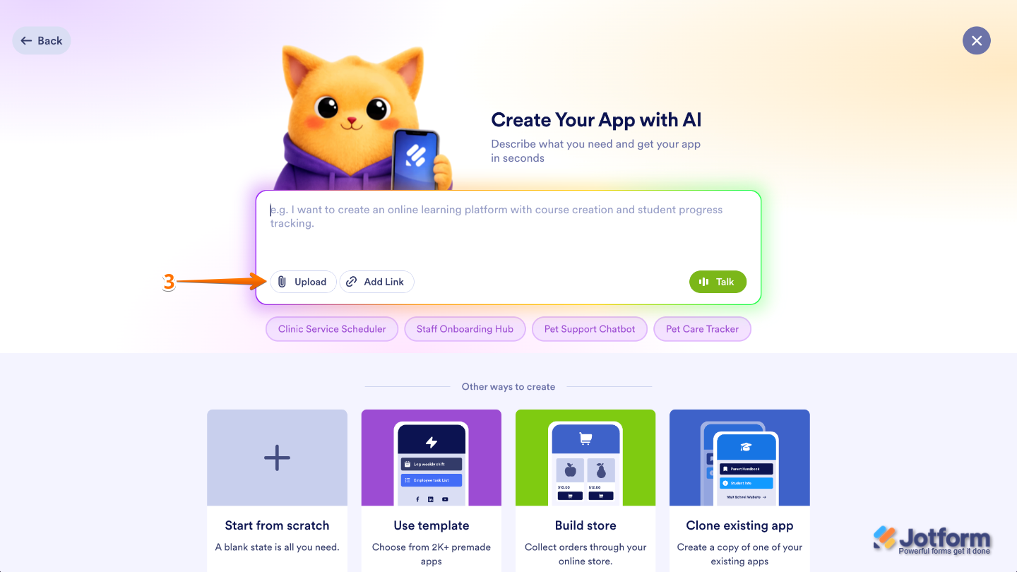 Create Your App with AI interface showing the Upload button used to add files for app generation