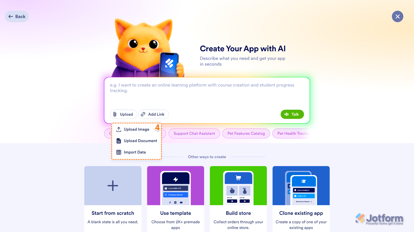 AI App Builder upload menu displaying options to Upload Image, Upload Document, or Import Data for app creation