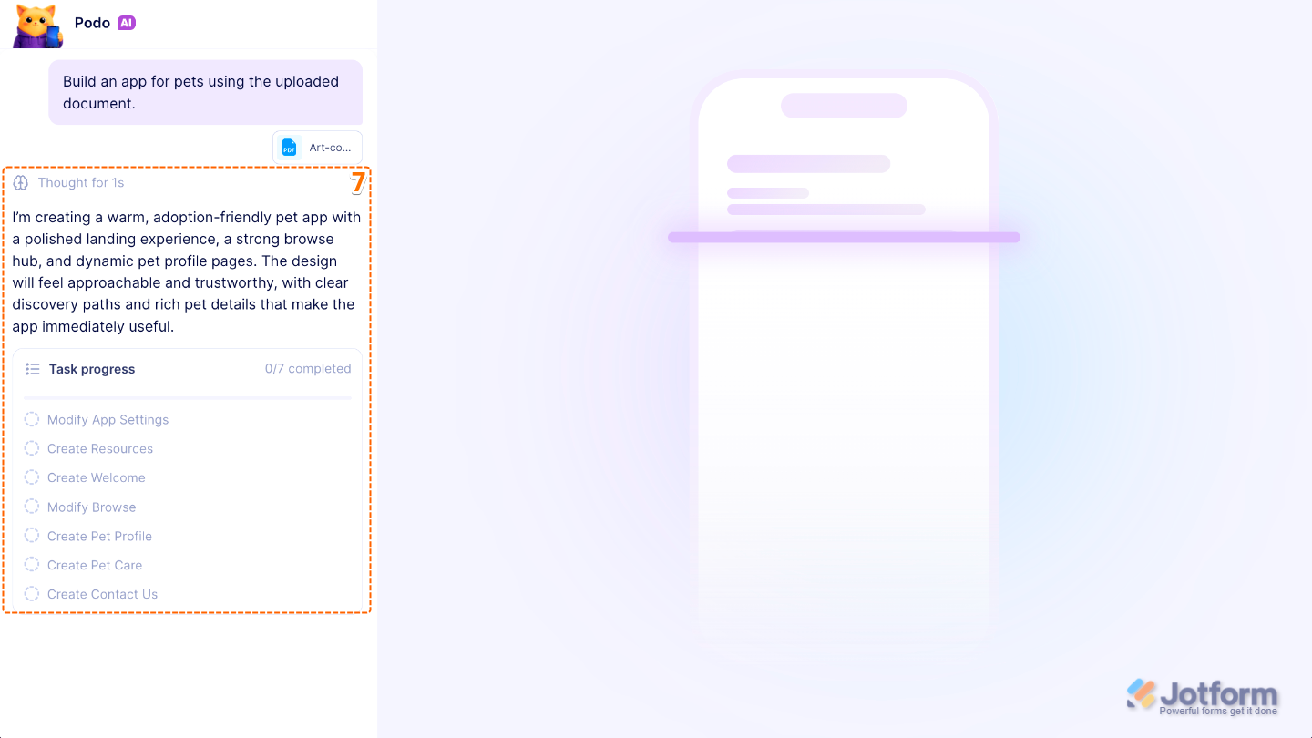 AI analyzing an uploaded document and custom app requirements to generate a personalized app for review