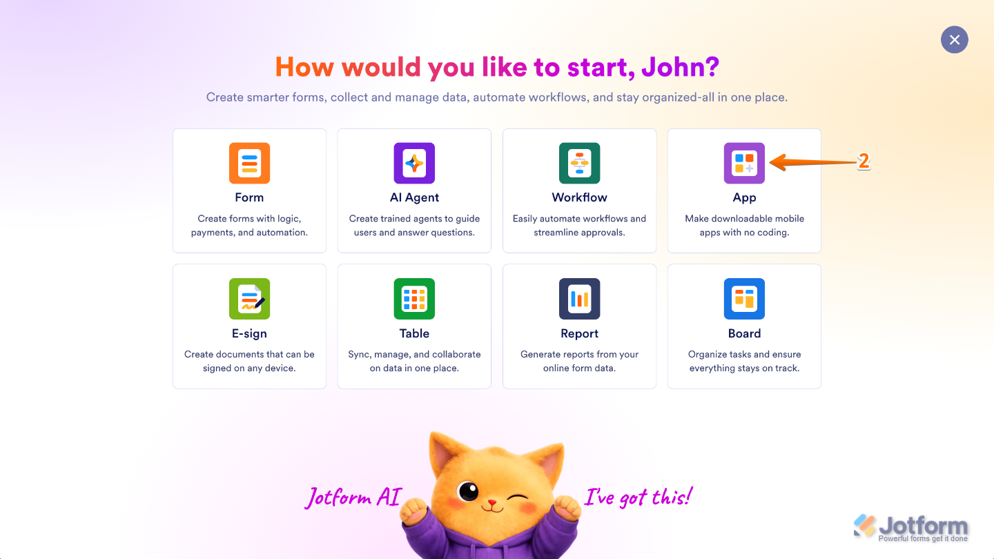 Create menu showing the App option selected to begin creating a new app