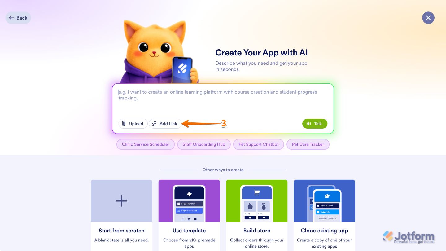 Create Your App with AI interface showing the Add Link button inside the app creation panel