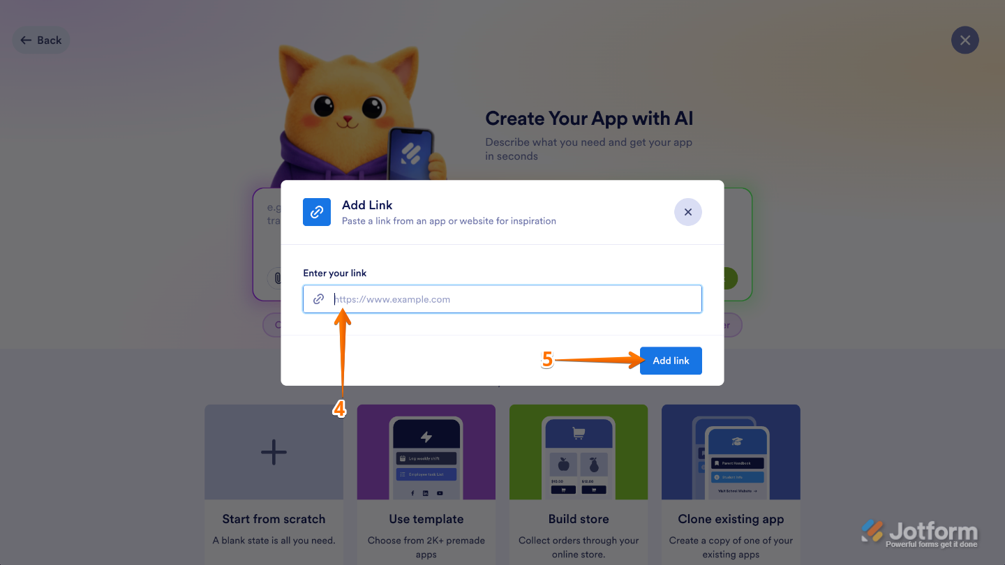 Add Link window showing a website URL entered in the Enter Your Link field with the Add Link button below