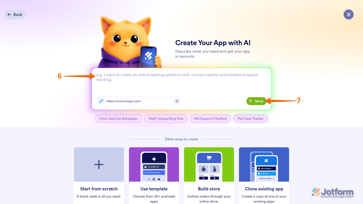 AI App Builder showing an additional app description entered in the Create Your App With AI field before clicking Send