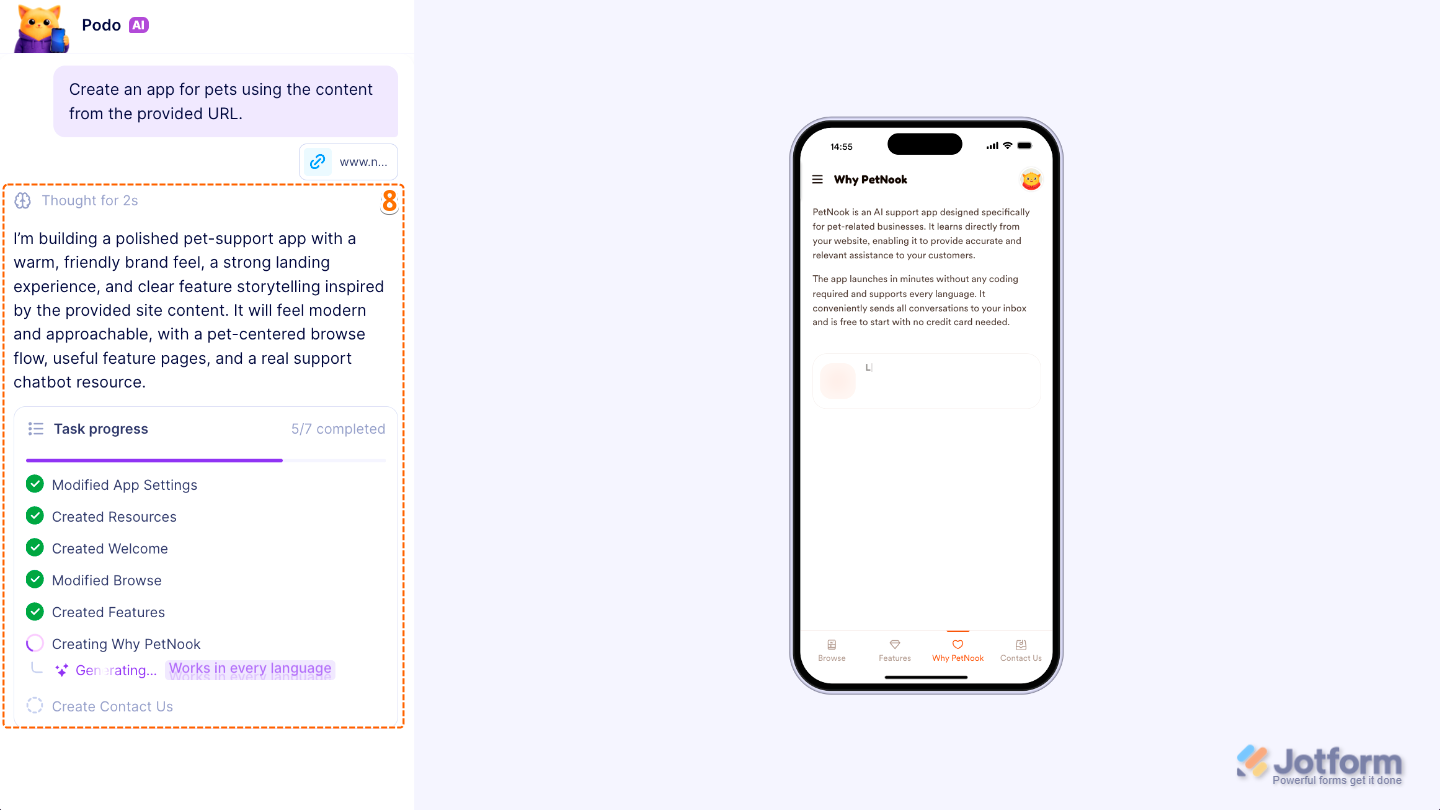 AI analyzing a website link and custom app requirements to generate a personalized app for review