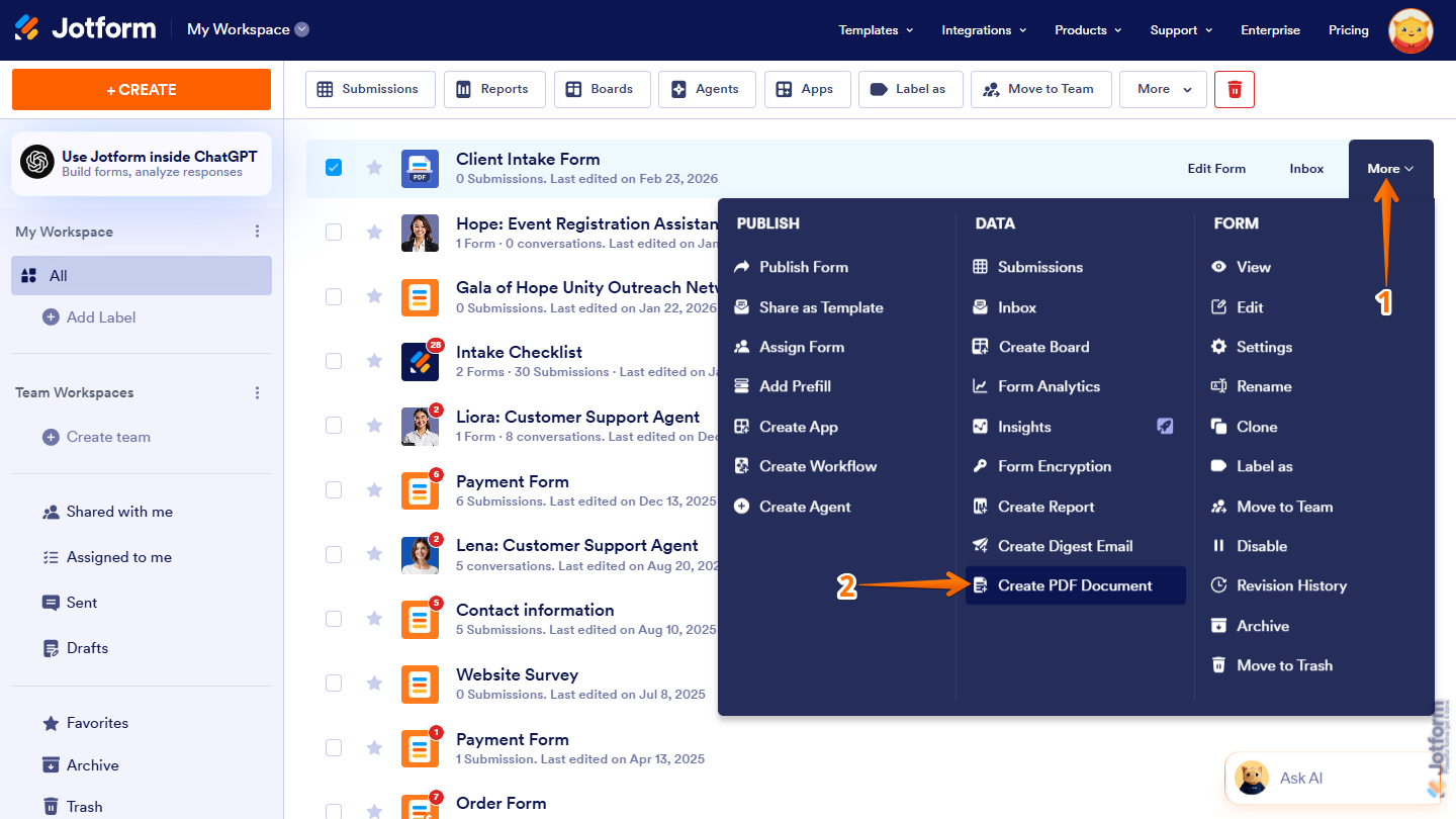 Create PDF Document under the Data column of the form menu