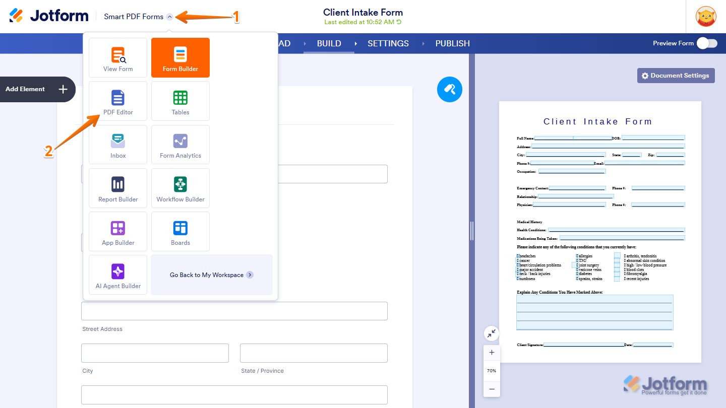 PDF Editor option under the quick access menu