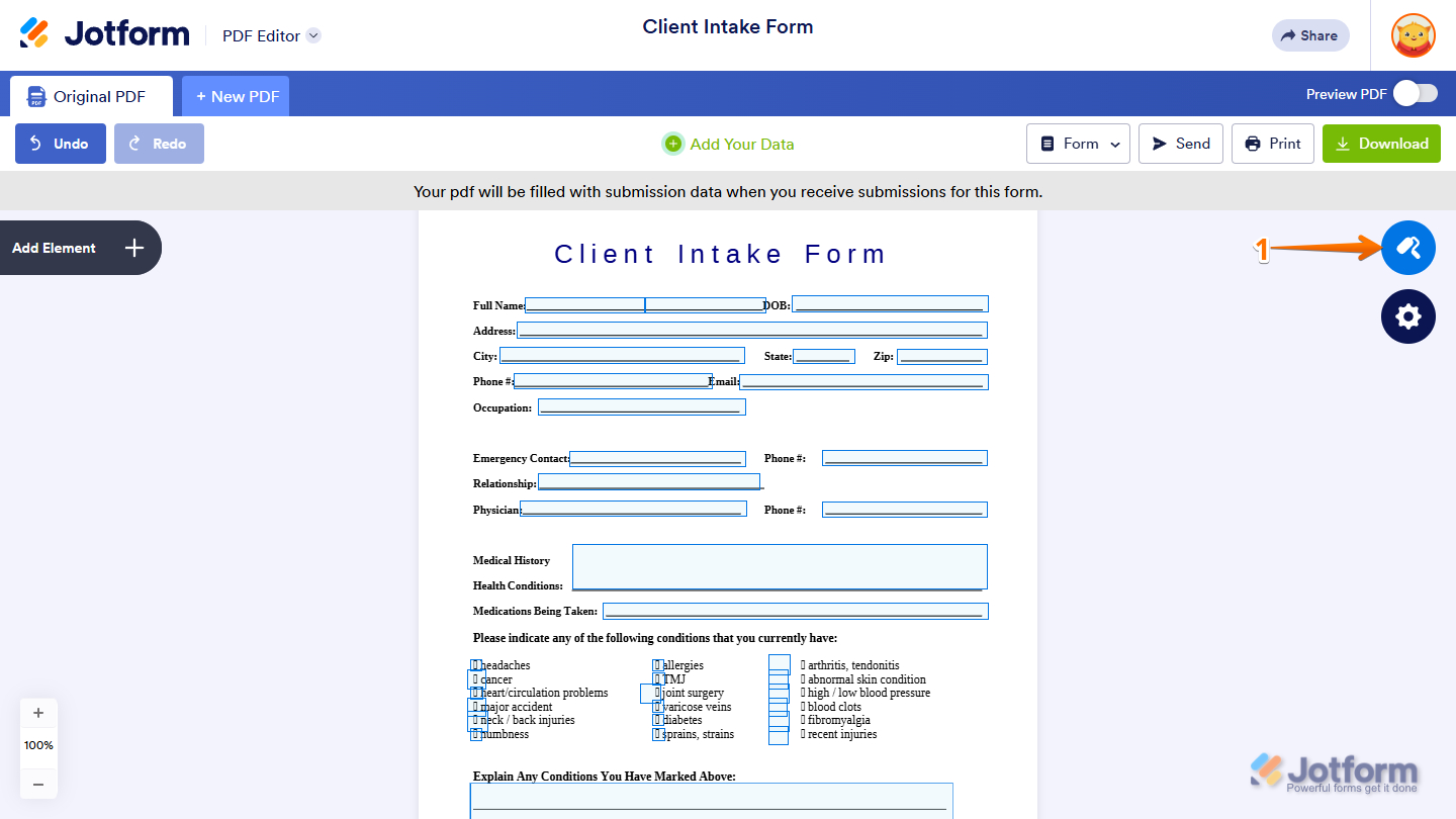 Paint roller icon in the PDF Editor to open the PDF designer