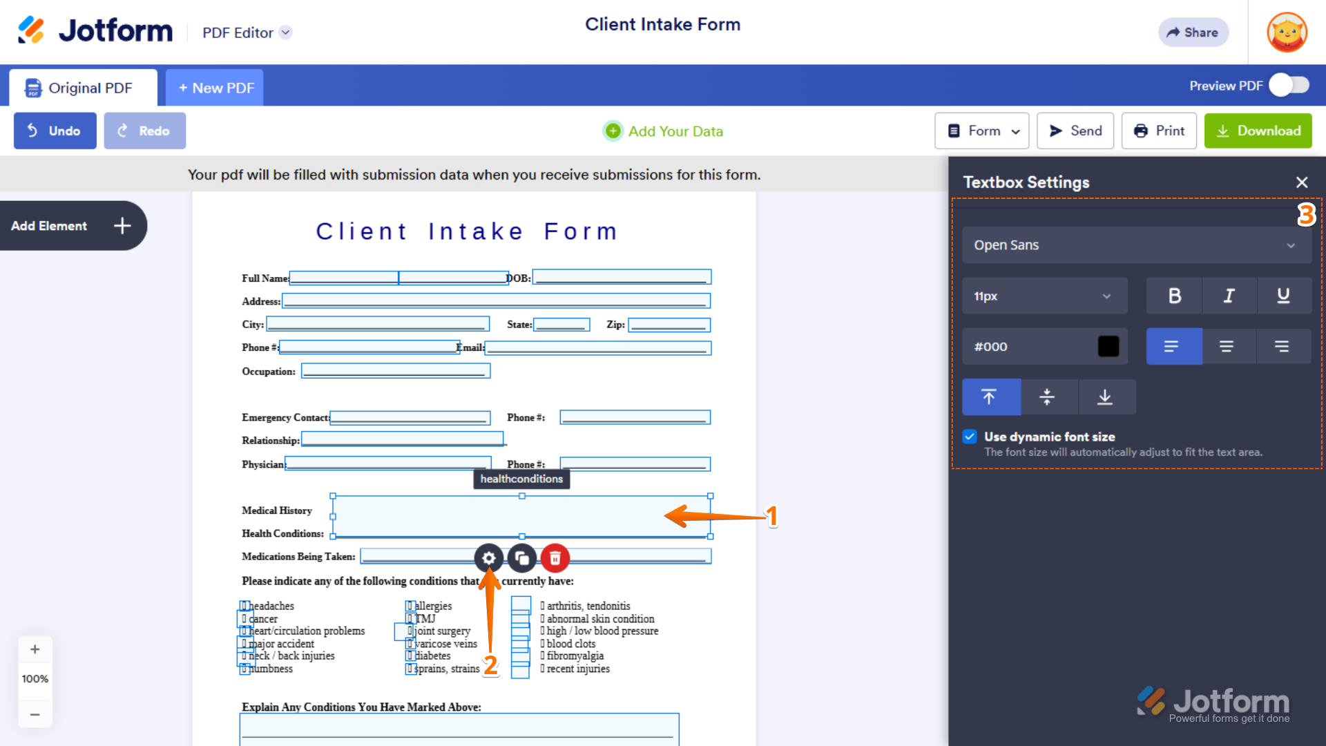 Textbox Settings menu showing various text styling options