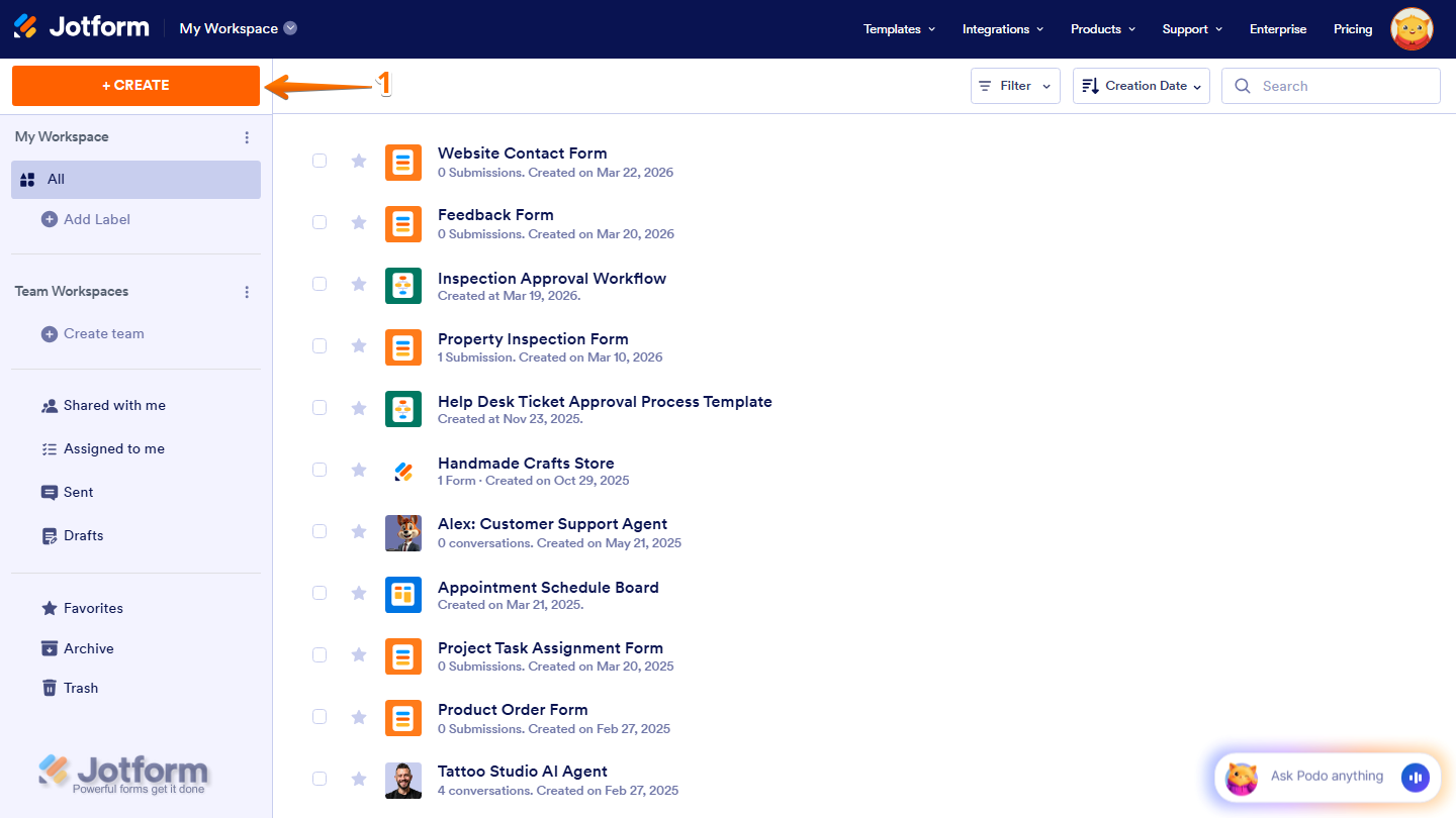Workspace page showing Create button on the top left side in Jotform