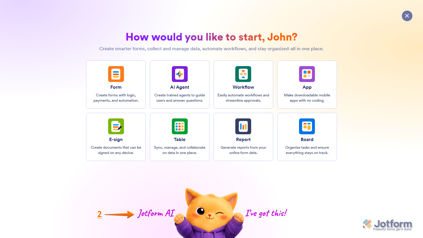Create menu window showing Jotform AI option at the bottom in Jotform