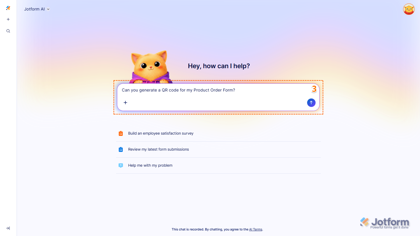 Jotform AI prompt box showing QR code generation prompt input with form name in Jotform