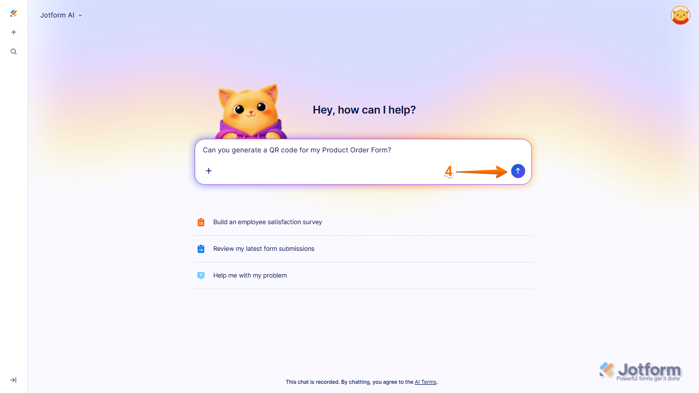 Jotform AI interface showing prompt submission using Enter key or Upward Arrow icon in Jotform