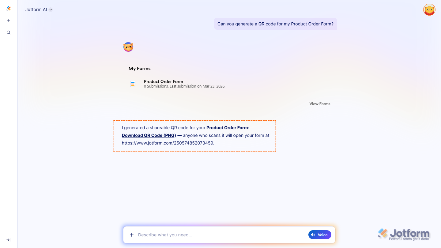 Jotform AI showing generated QR code preview for form in Jotform