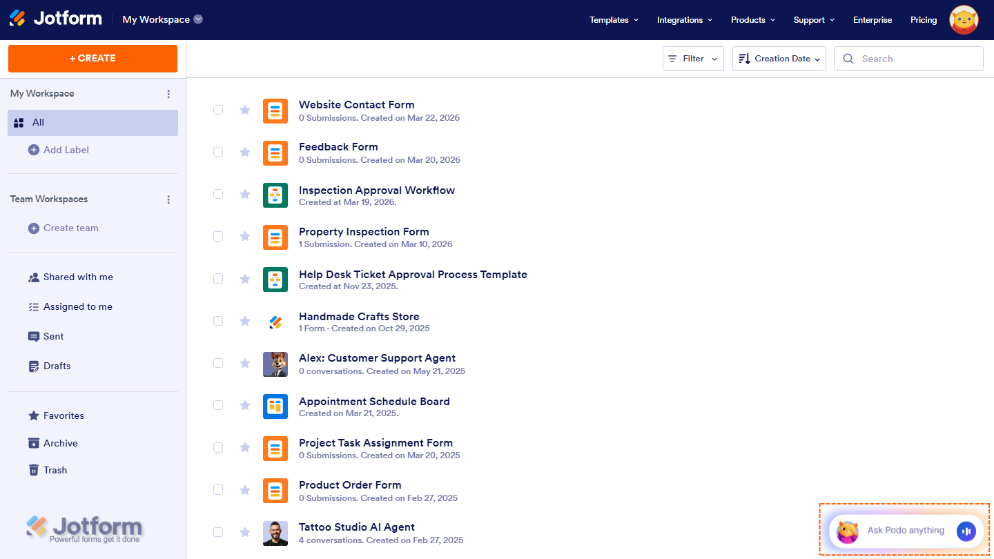 Workspace page showing Jotform AI Chatbot and Voice button in chatbox in Jotform