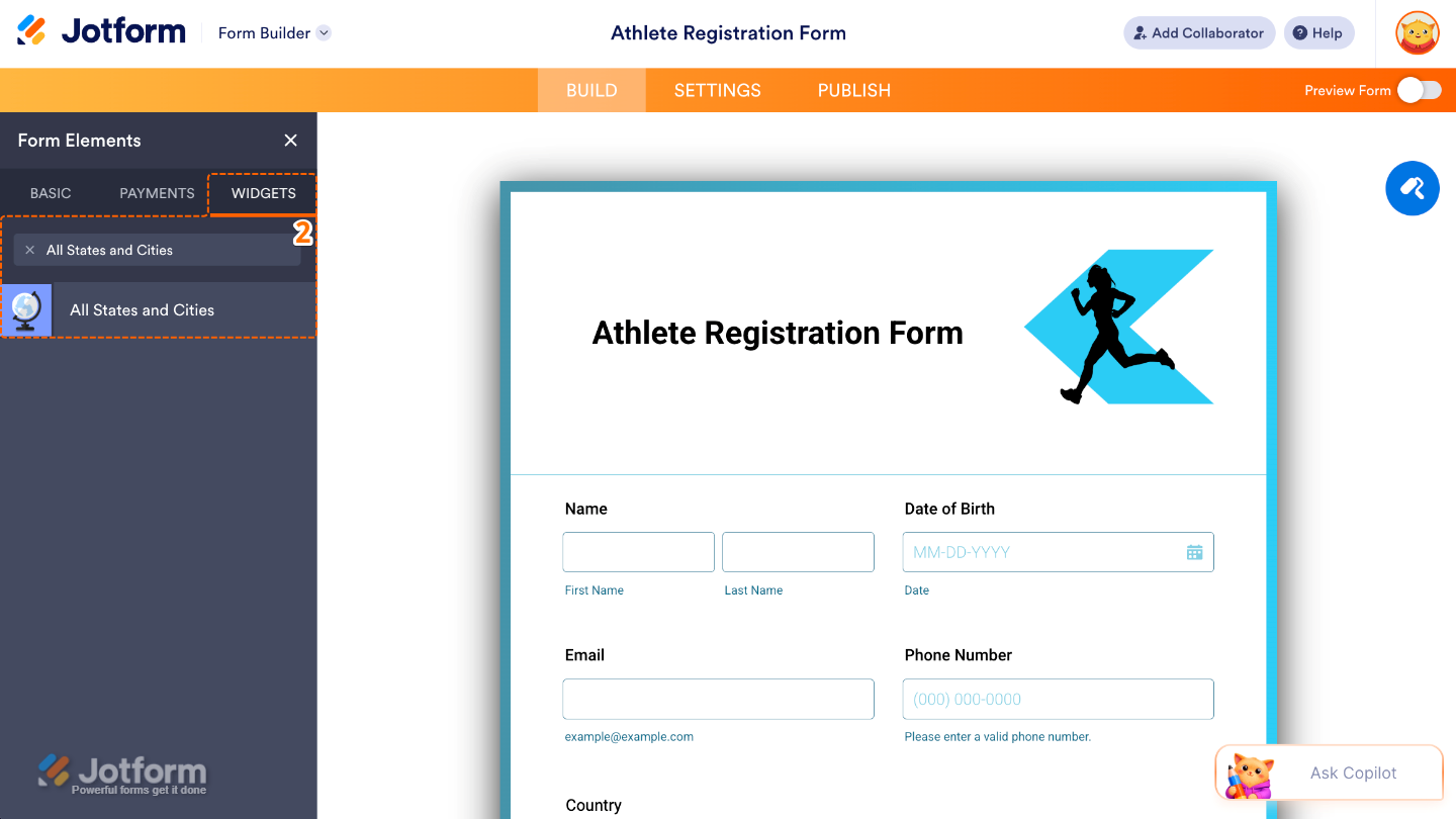 Form Elements panel with the Widgets tab open and the All States and Cities widget highlighted