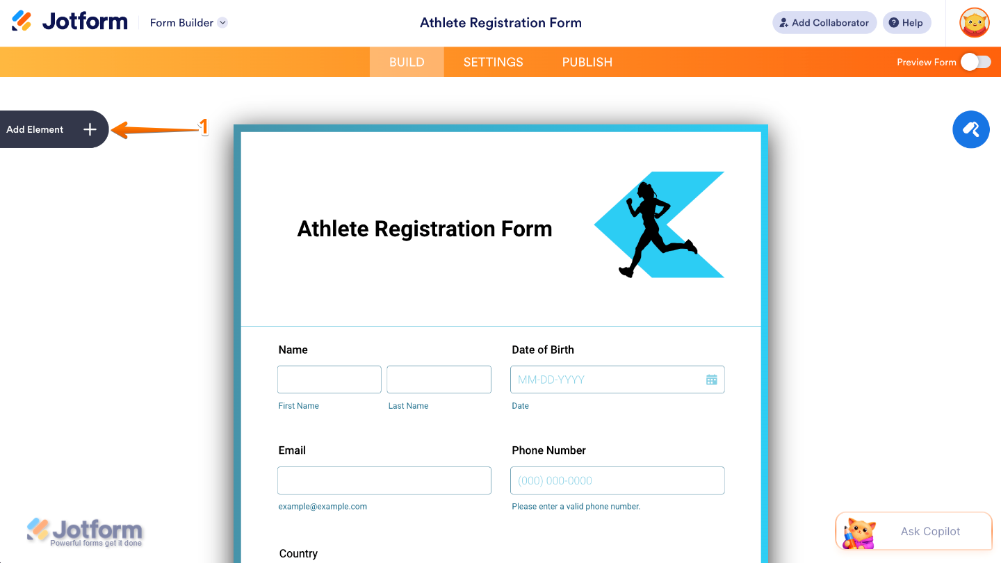 Form Builder interface showing the Add Element button on the left sidebar used to insert new fields into a form