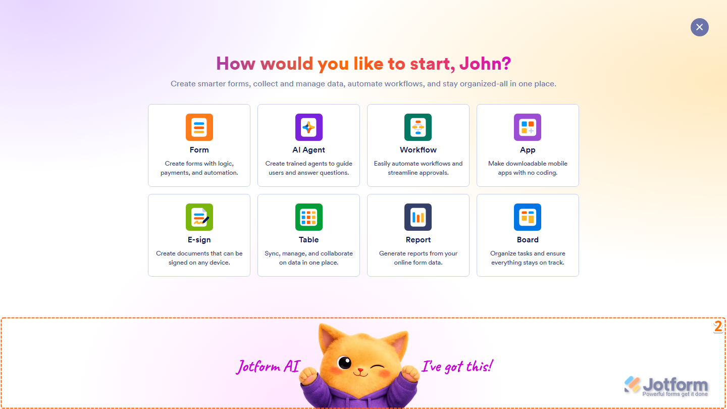 Create menu window showing Jotform AI option at the bottom in Jotform