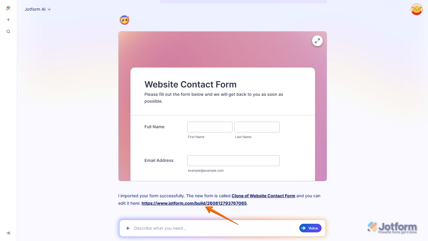 Jotform AI chat showing Form Builder link to open form in Jotform