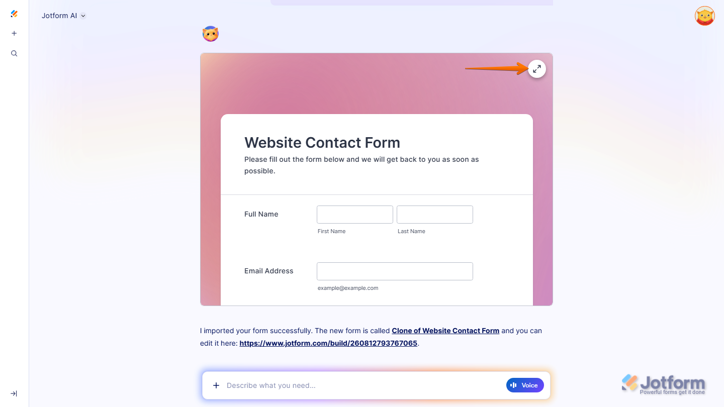 Jotform AI chat showing form preview with expand Arrows from Center icon in Jotform