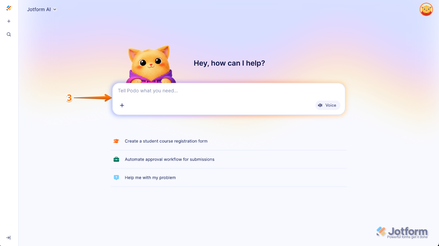 AI prompt box showing a user entering submission search details and specifying the form name