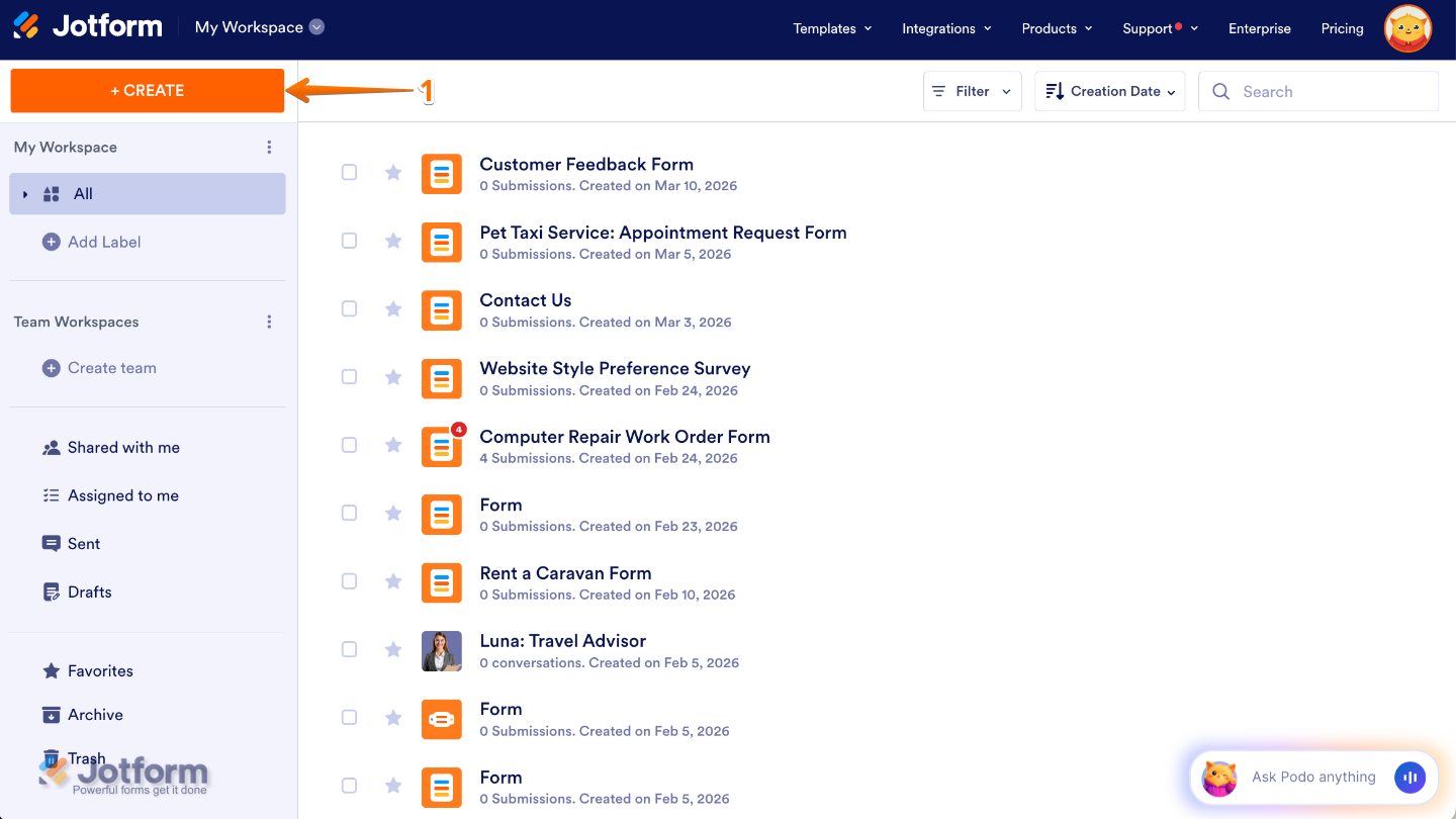Workspace page highlighting the Create button in the top-left corner for starting a new form