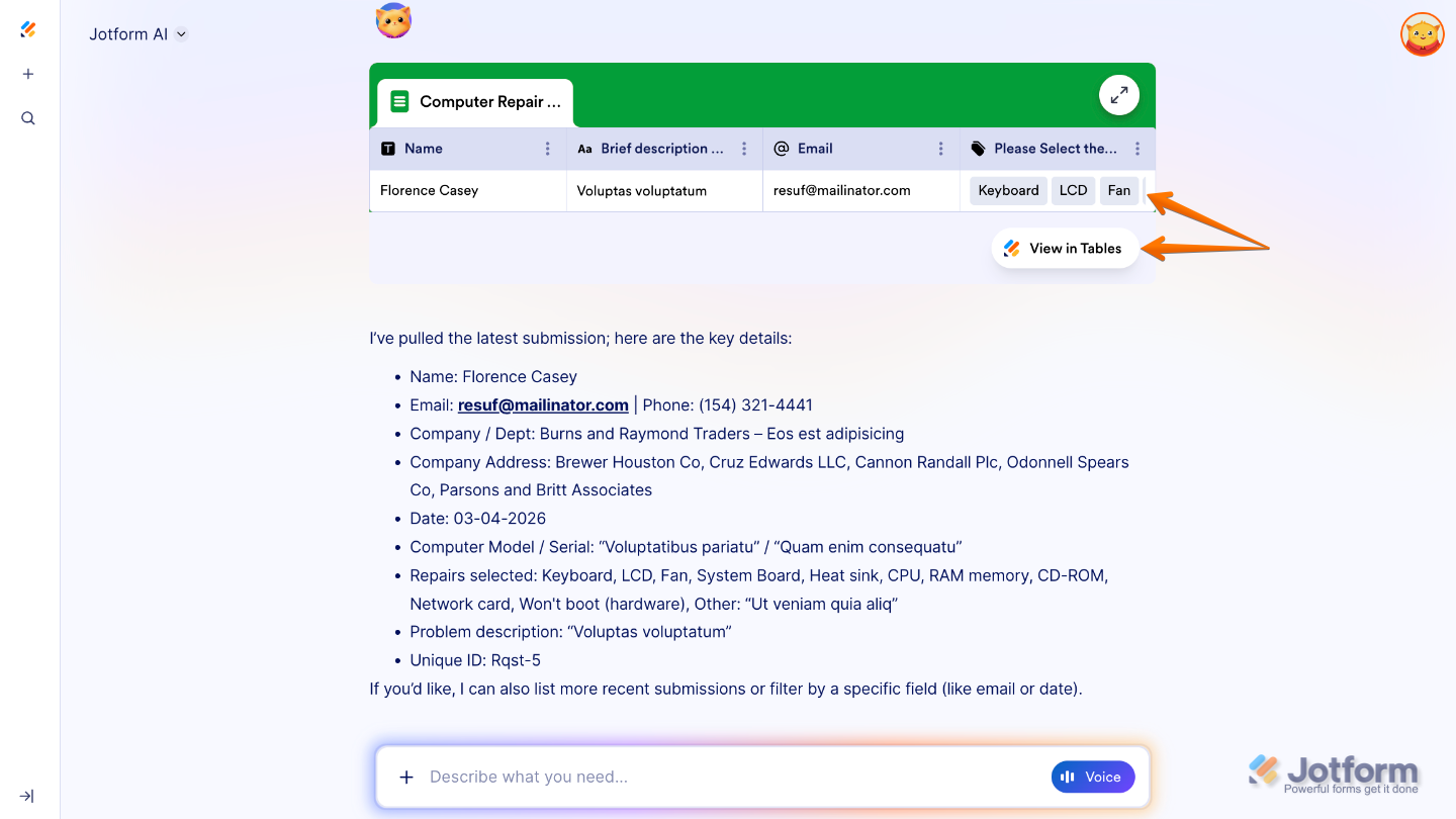 AI search results screen displaying matching submissions with an option to view them in a table