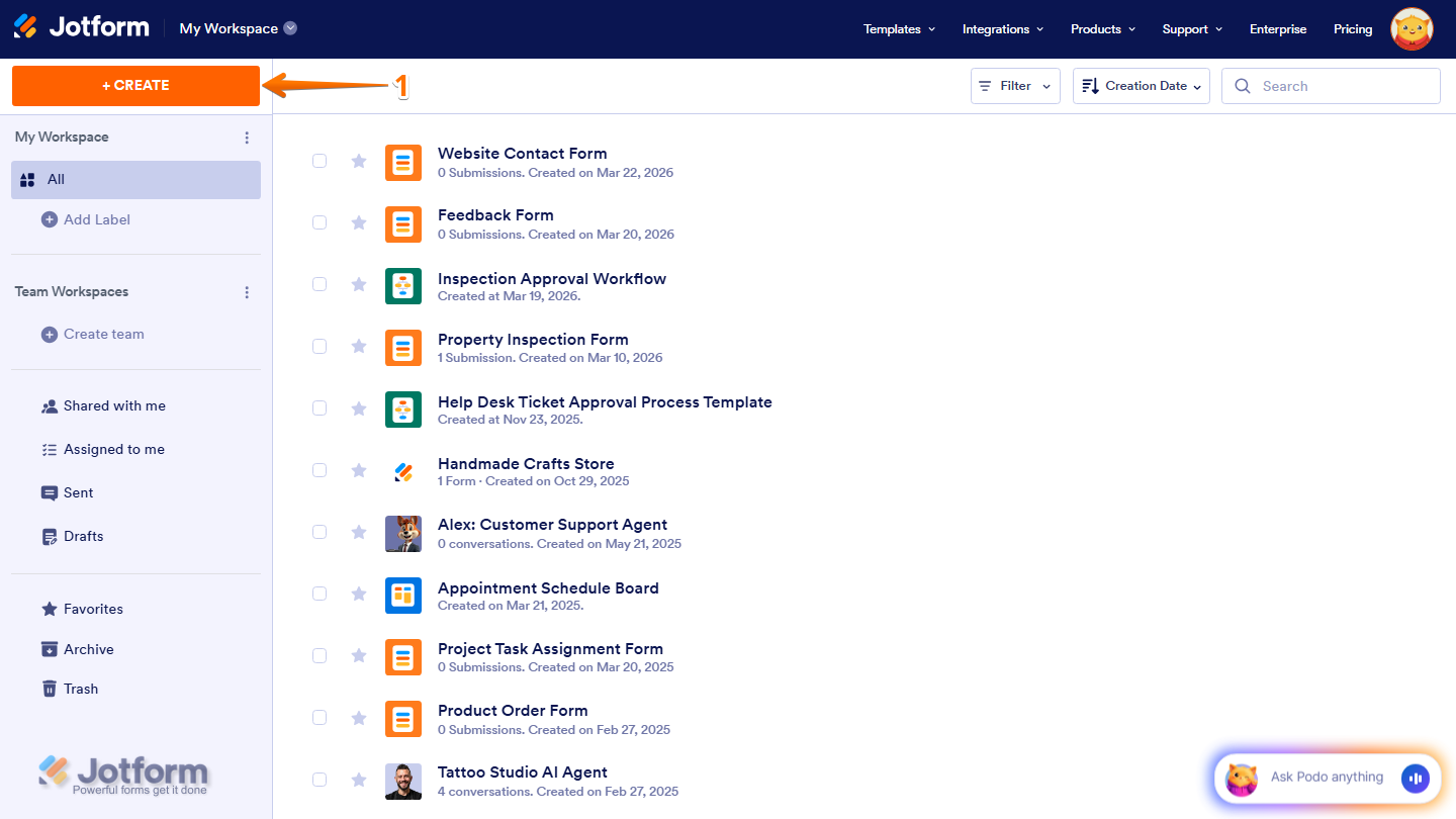 Workspace page showing Create button on the top left side in Jotform