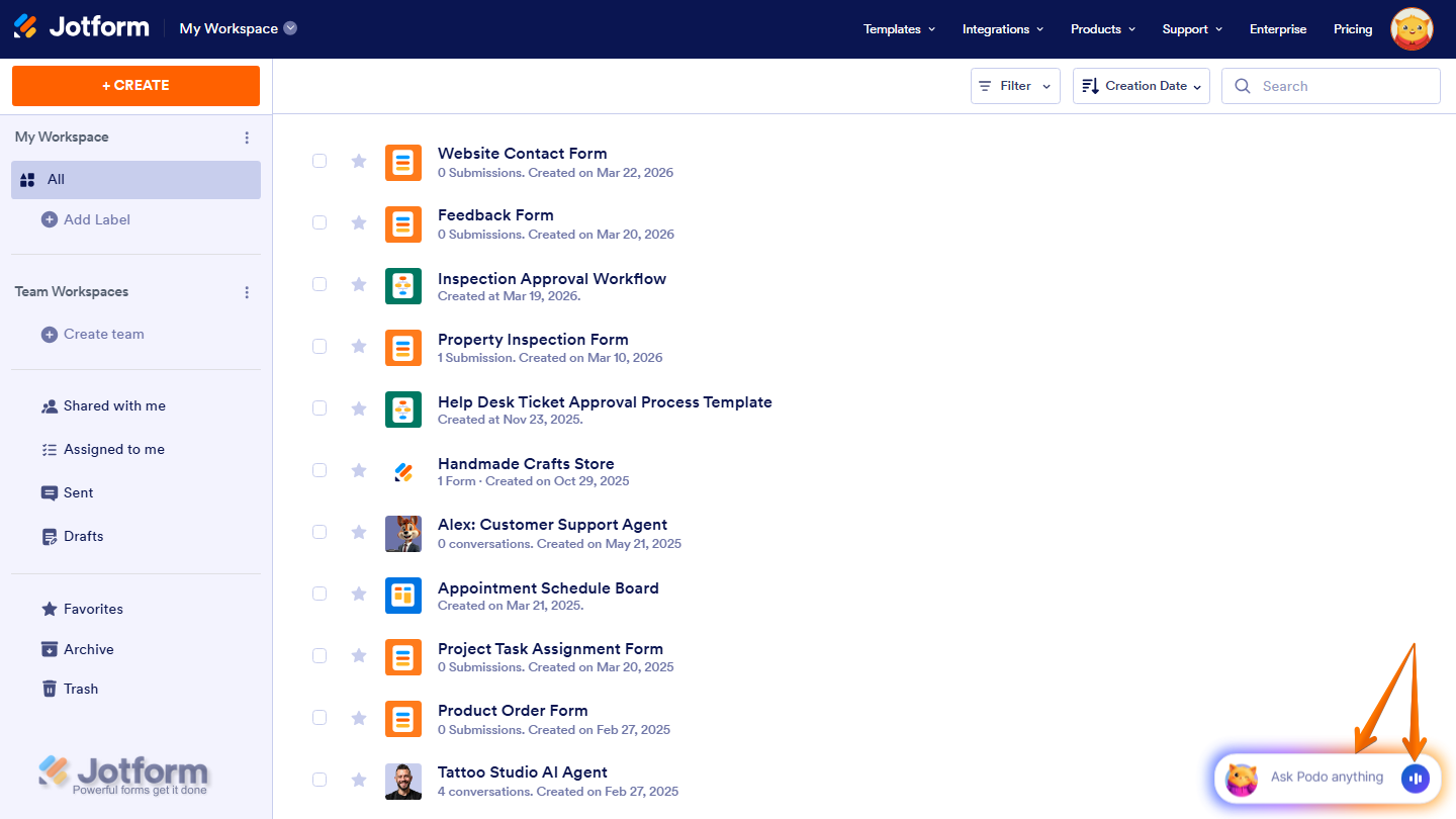 Workspace page showing Jotform AI Chatbot and Voice button in chatbox in Jotform