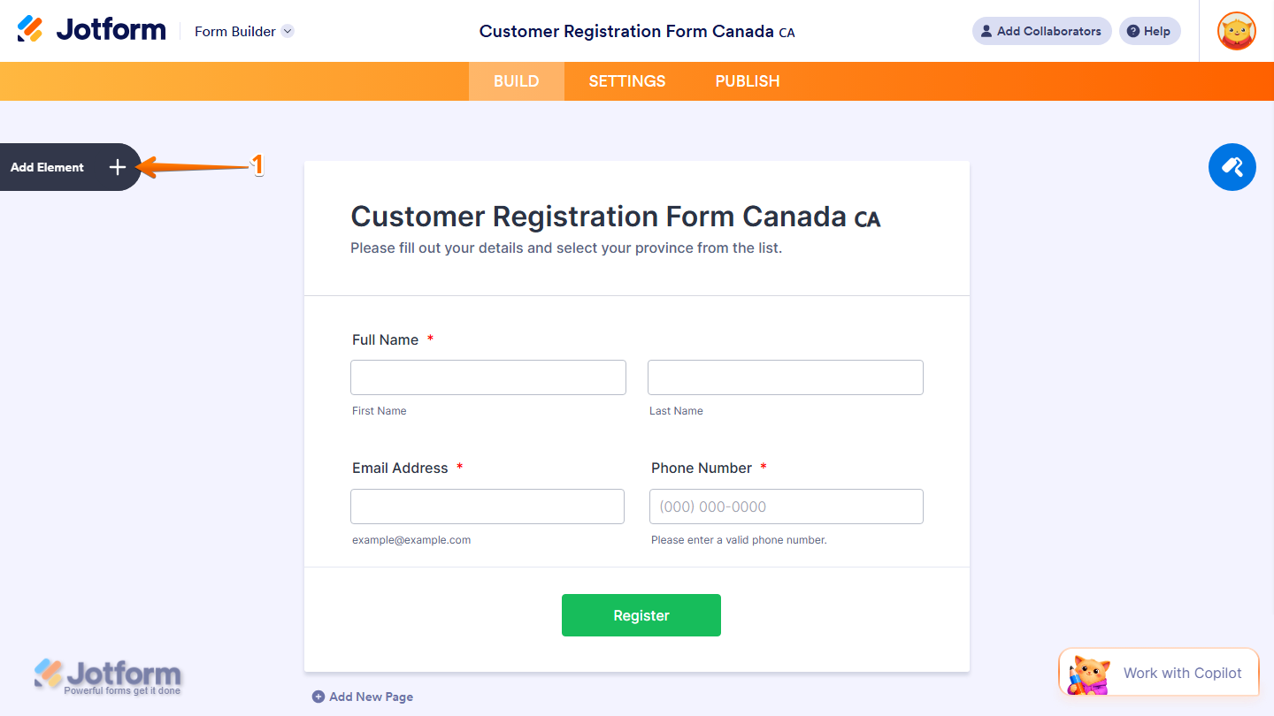 Form Builder showing Add Element button on the left side in Jotform