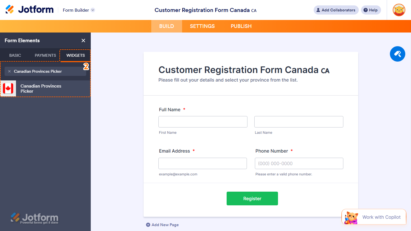 Form Elements Widgets tab showing Canadian Provinces Picker widget search and selection in Jotform