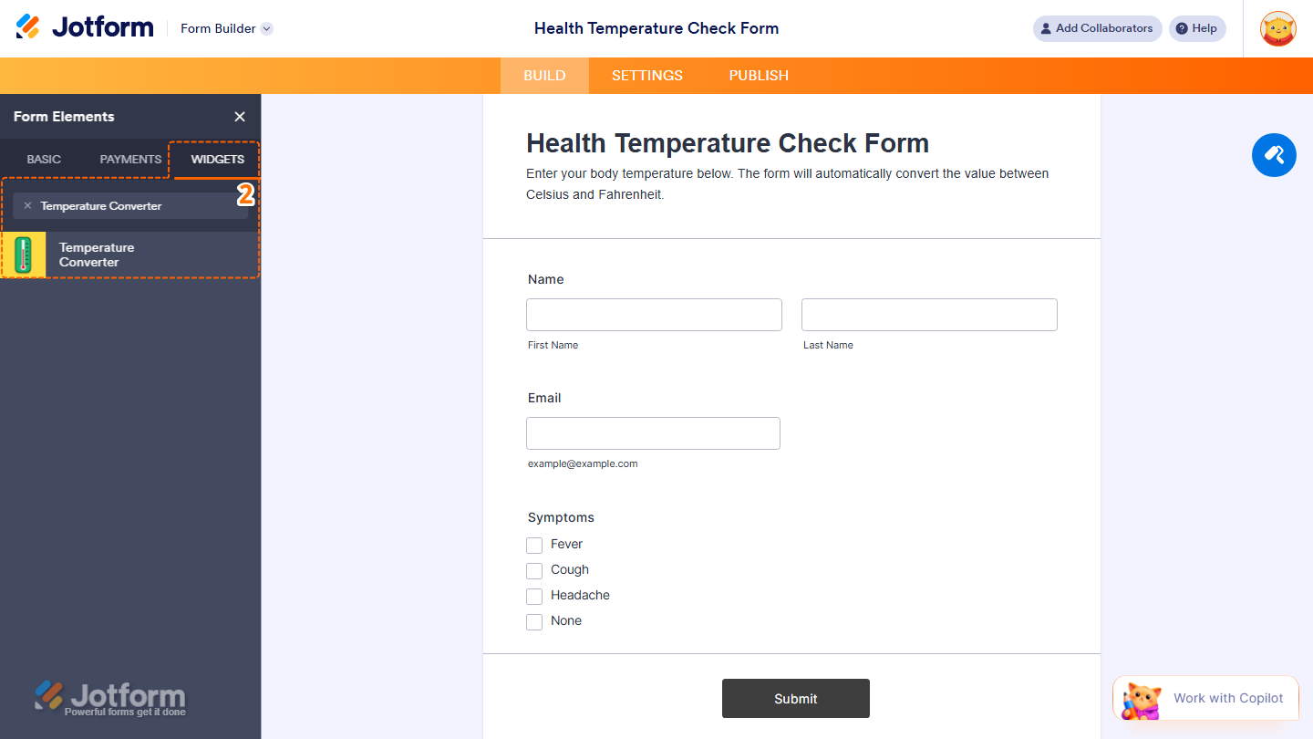 Form Elements Widgets tab showing Temperature Converter widget selection in Jotform