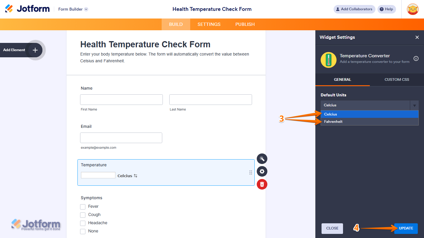 Temperature Converter widget settings showing Default Unit options Celsius and Fahrenheit with Update button in Jotform