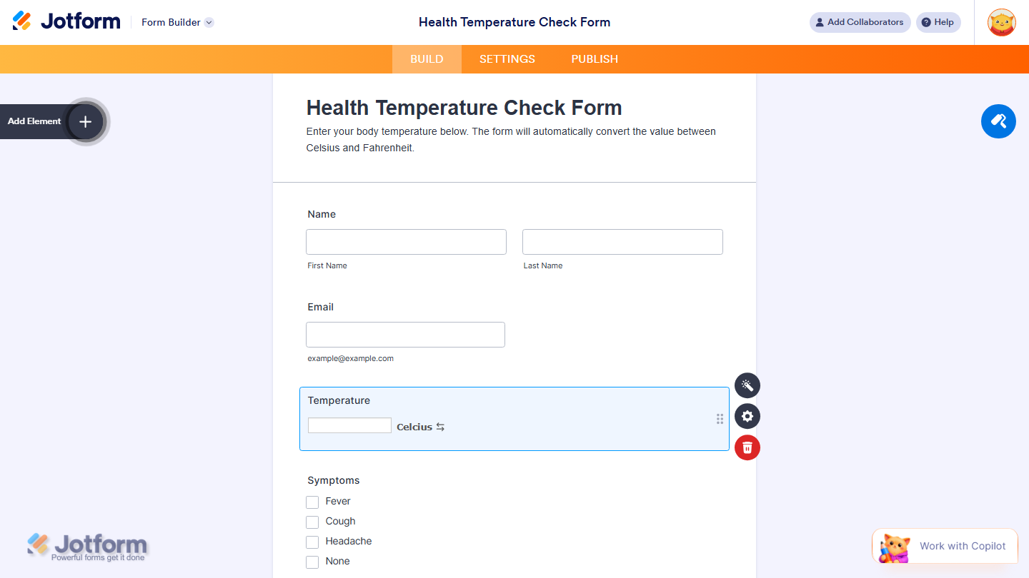 Temperature Converter widget successfully added and configured on a Jotform form