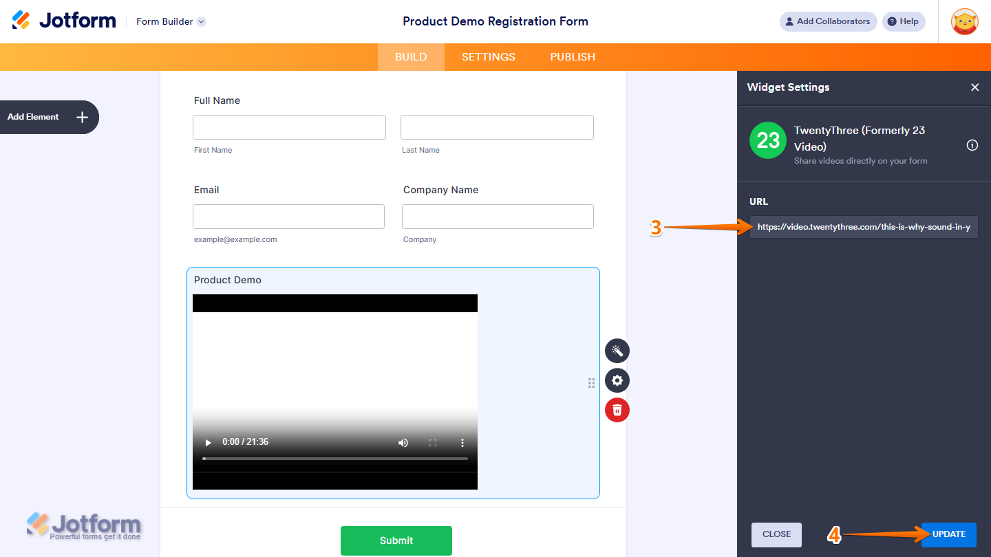 TwentyThree widget settings showing URL input field and Update button in Jotform