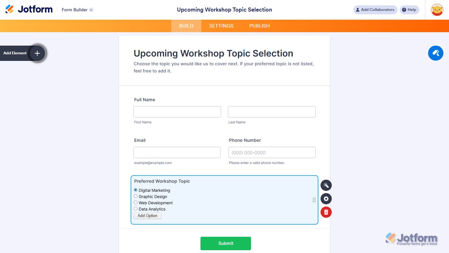 User Contributed Radio Buttons widget successfully added and configured on a Jotform form