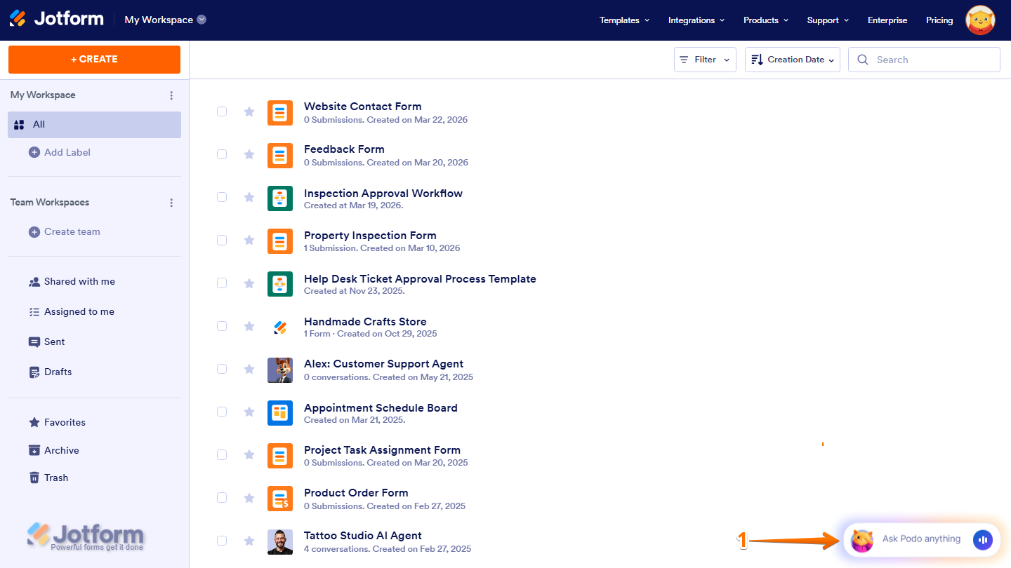 Workspace page showing Jotform AI Chatbot icon in the bottom right corner in Jotform