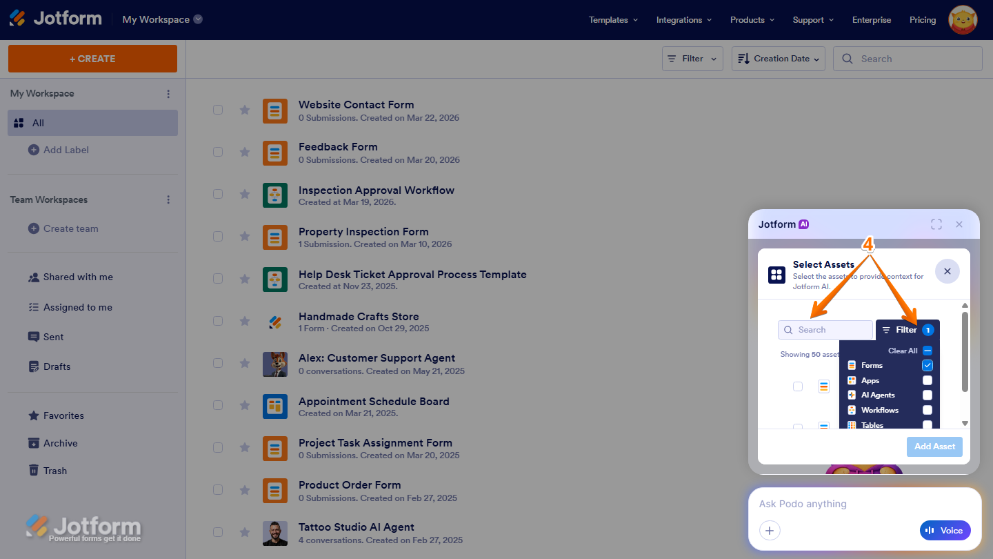 Select Assets window showing Search bar and Filter option in Jotform