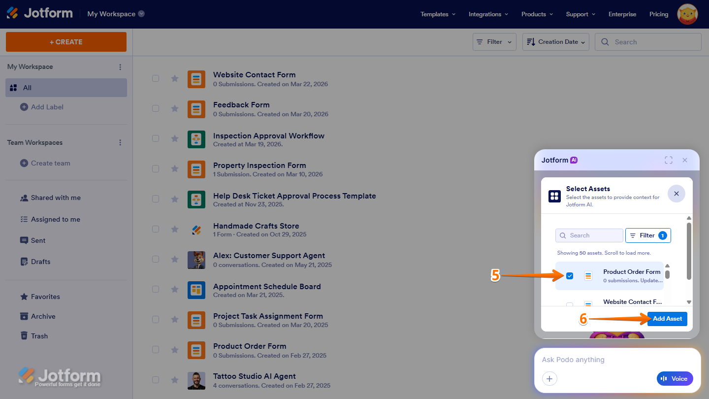 Select Assets window showing asset checkbox selection and Add Asset button in Jotform